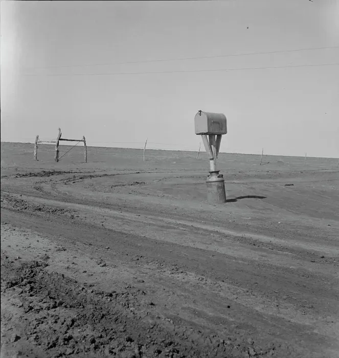 Framed Print : Mailbox in Dust Bowl, Coldwater District, north of Dalhart, Texas, 1938. Creator: Dorothea Lange Framed Print : Mailbox in Dust Bowl, Coldwater District, north of Dalhart, Texas, 1938. Creator: Dorothea Lange