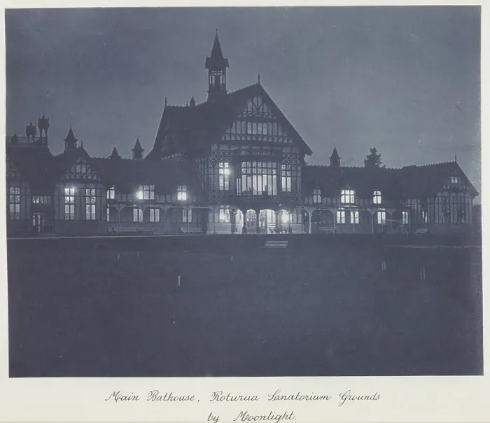 Framed Print : Main bathouse (sic), Rotorua Sanatorium grounds by moonlight, 1920s. Creator: Harry Moult