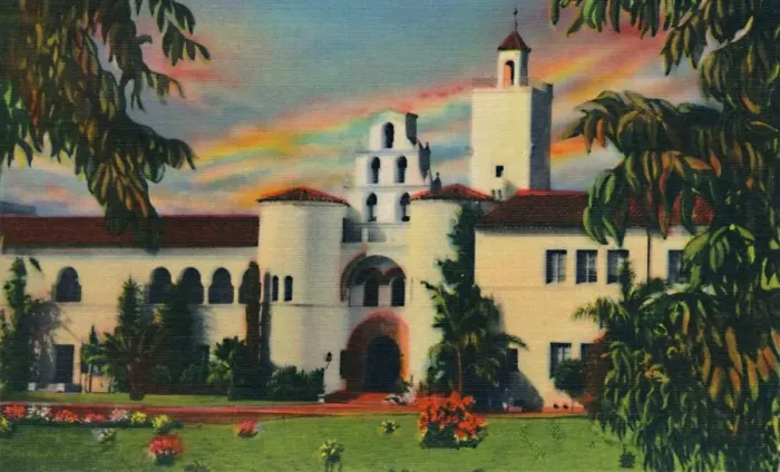Framed Print : Main Entrance. Administration Building, State College. San Diego, California, c1941 Framed Print : Main Entrance. Administration Building, State College. San Diego, California, c1941