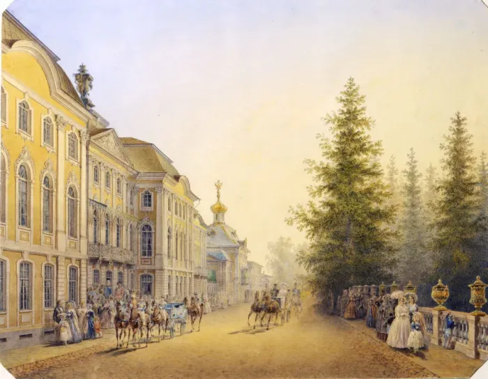 Framed Print : The Main Entrance of the Great Palace in the Peterhof, 1852. Artist: Vasilij Semenovic Sadovnikov Framed Print : The Main Entrance of the Great Palace in the Peterhof, 1852. Artist: Vasilij Semenovic Sadovnikov