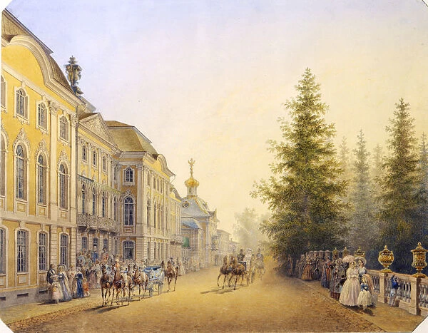 The Main Entrance of the Great Palace in the Peterhof, 1852. Artist: Vasilij Semenovic Sadovnikov