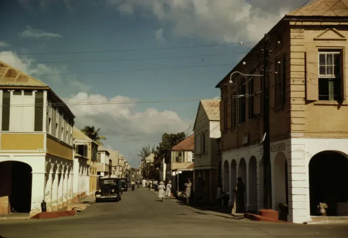 Framed Print : The main shopping street, Christiansted, Saint Croix, Virgin Islands, 1941. Creator: Jack Delano