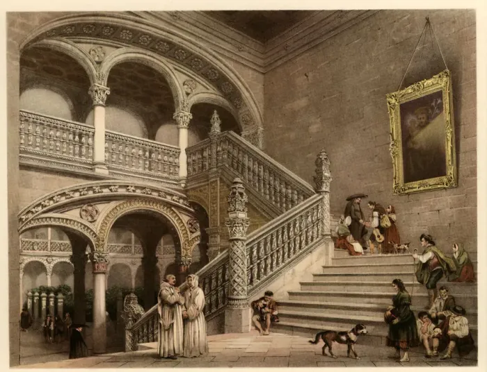 Framed Print : Main Staircase of Santa Cruz Hospital in Toledo, with scenes of life and traditional Framed Print : Main Staircase of Santa Cruz Hospital in Toledo, with scenes of life and traditional