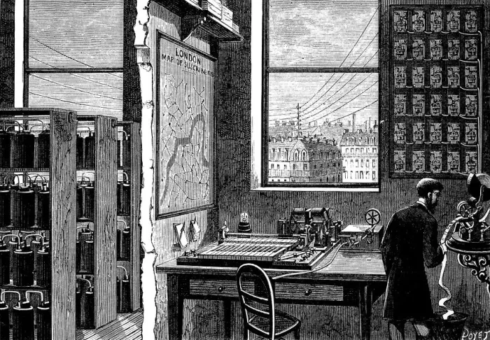 Framed Print : Main station of the Exchange Telegraph Company, London, 1882 Framed Print : Main station of the Exchange Telegraph Company, London, 1882