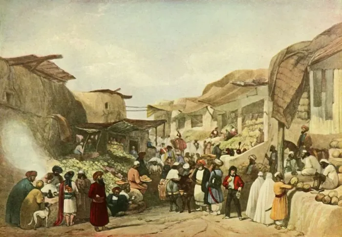 Framed Print : The Main Street in the Bazaar at Kabul in the Fruit Season, c1840, (1901). Creator Framed Print : The Main Street in the Bazaar at Kabul in the Fruit Season, c1840, (1901). Creator