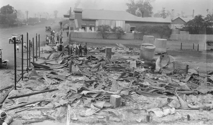 Framed Print : Main Street Fire Damage, Toogoolawah, Queensland, 1926. Creator: Jack Bain Framed Print : Main Street Fire Damage, Toogoolawah, Queensland, 1926. Creator: Jack Bain