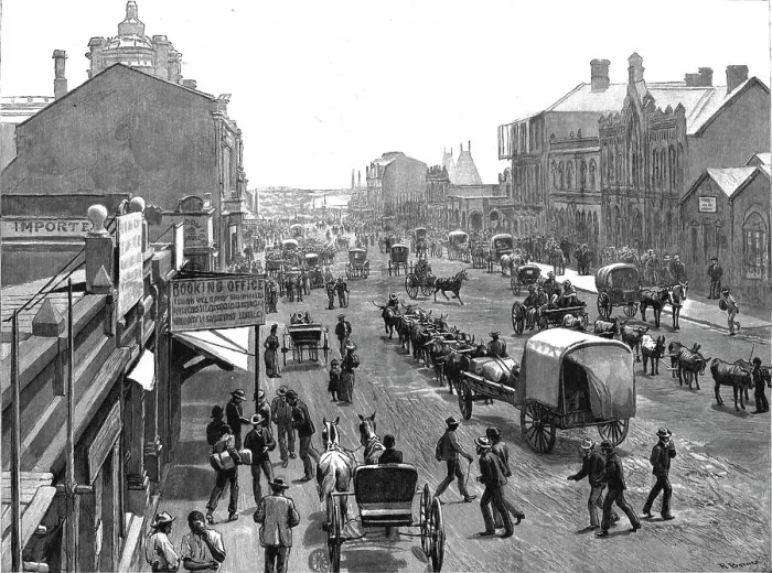 Framed Print : The Main Street in Johannesburg, South Africa, 1891. Creator: R Barnes Framed Print : The Main Street in Johannesburg, South Africa, 1891. Creator: R Barnes