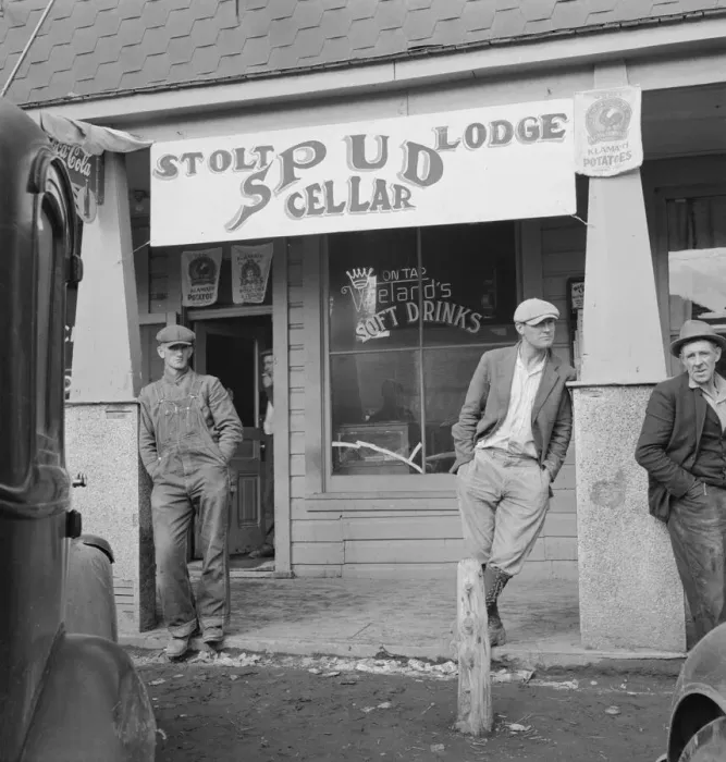 Framed Print : On main street of potato town during harvest season, Merrill, Oregon, 1939. Creator: Dorothea Lange Framed Print : On main street of potato town during harvest season, Merrill, Oregon, 1939. Creator: Dorothea Lange