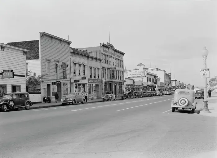 Framed Print : Up the main street of a valley town, Gilroy, California, 1938. Creator: Dorothea Lange Framed Print : Up the main street of a valley town, Gilroy, California, 1938. Creator: Dorothea Lange