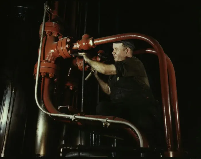 Framed Print : Maintenance man at the Combustion Engineering Co. working at the largest... Chattanooga, Tenn. 1942. Creator: Alfred T Palmer Framed Print : Maintenance man at the Combustion Engineering Co. working at the largest... Chattanooga, Tenn. 1942. Creator: Alfred T Palmer