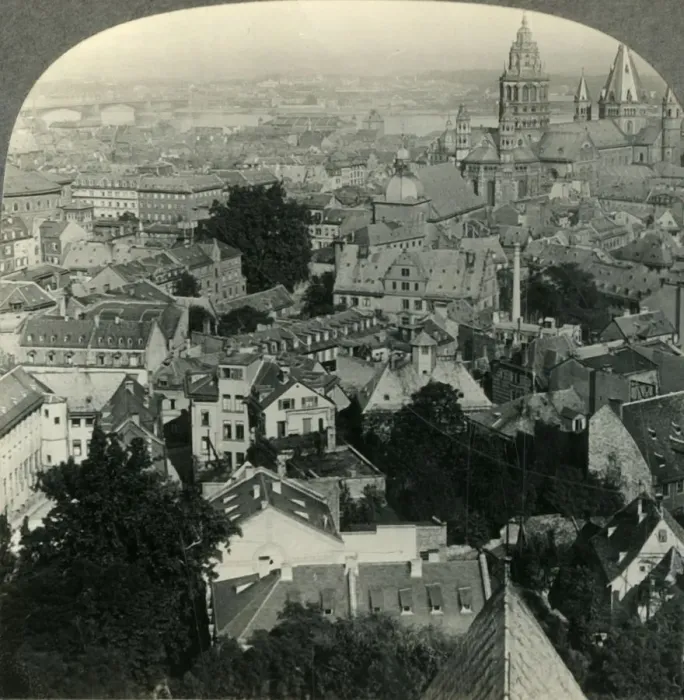 Framed Print : Mainz, Germany, from St. Stephens Church - View N. E. across the Rhine to the Village of Castel Framed Print : Mainz, Germany, from St. Stephens Church - View N. E. across the Rhine to the Village of Castel