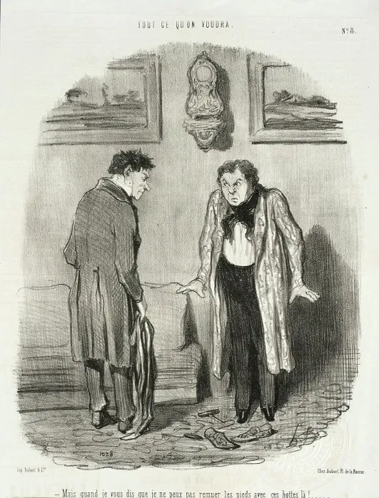 Framed Print : Mais quand je vous dis que je ne peux pas remuer les pieds avec ses bottes là!.. 1847. Creator: Honore Daumier Framed Print : Mais quand je vous dis que je ne peux pas remuer les pieds avec ses bottes là!.. 1847. Creator: Honore Daumier