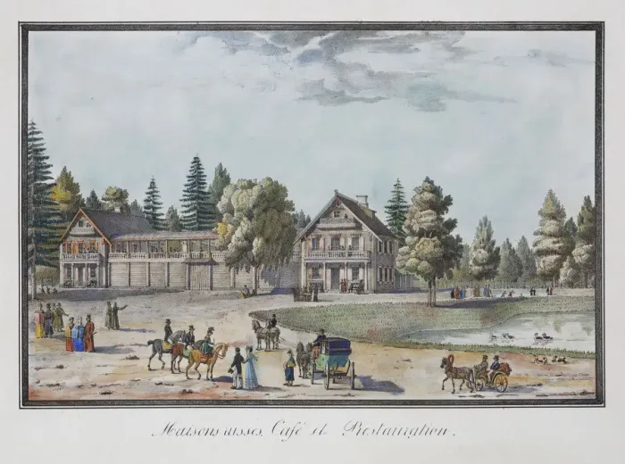 Framed Print : Maisons russes. Cafe and Restaurant in Catharinhof, 1824 Framed Print : Maisons russes. Cafe and Restaurant in Catharinhof, 1824