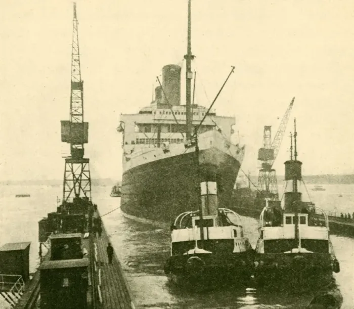 Framed Print : The Majestic Entering Dry Dock Hauled by Tugs, c1930. Creator: Unknown Framed Print : The Majestic Entering Dry Dock Hauled by Tugs, c1930. Creator: Unknown