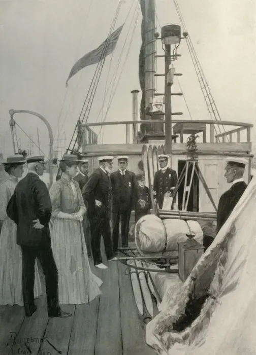 Framed Print : Their Majesties The King and Queen Inspecting... the Nimrod at Cowes, 1907, (1909)