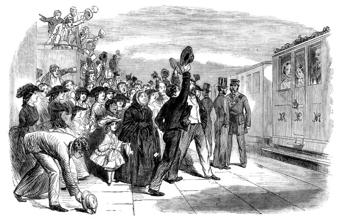 Framed Print : Her Majesty, en route for Scotland, at Dunbar Station, 1858. Creator: Unknown Framed Print : Her Majesty, en route for Scotland, at Dunbar Station, 1858. Creator: Unknown