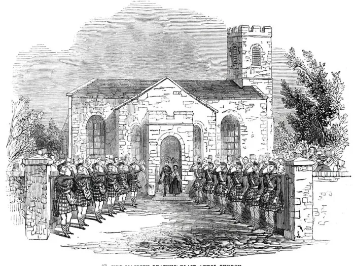 Framed Print : Her Majesty leaving Blair Athol Church, 1844. Creator: Unknown Framed Print : Her Majesty leaving Blair Athol Church, 1844. Creator: Unknown