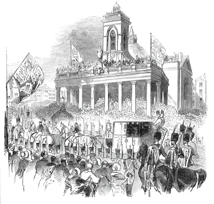 Framed Print : Her Majesty passing the Market-Place, Northampton, 1844. Creator: Unknown Framed Print : Her Majesty passing the Market-Place, Northampton, 1844. Creator: Unknown