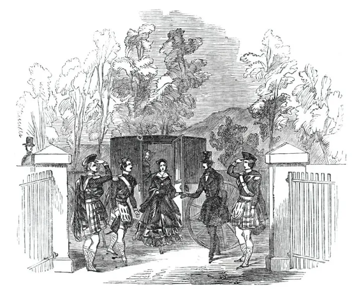 Framed Print : Her Majesty and Prince Albert alighting at Blair Athol Church, 1844 Framed Print : Her Majesty and Prince Albert alighting at Blair Athol Church, 1844