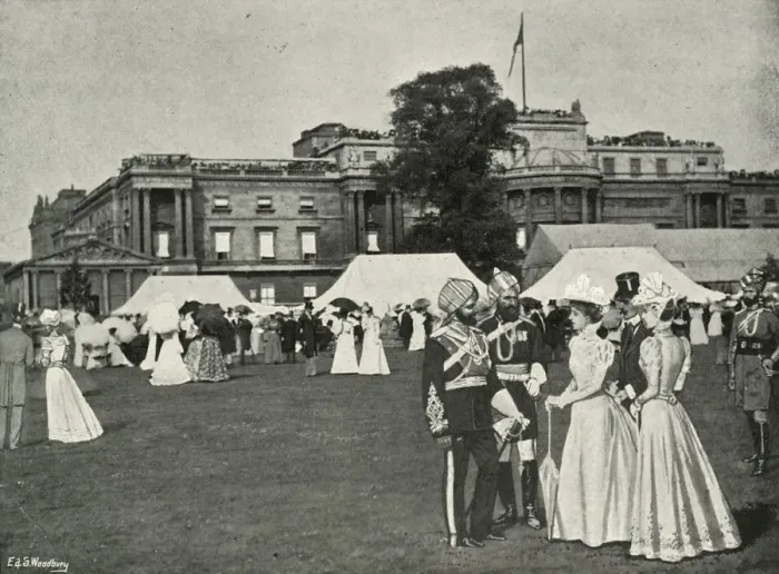 Framed Print : Her Majestys Garden Party: Indian Visitors, (c1897). Artists: E&S Woodbury, Lucien Davis Framed Print : Her Majestys Garden Party: Indian Visitors, (c1897). Artists: E&S Woodbury, Lucien Davis