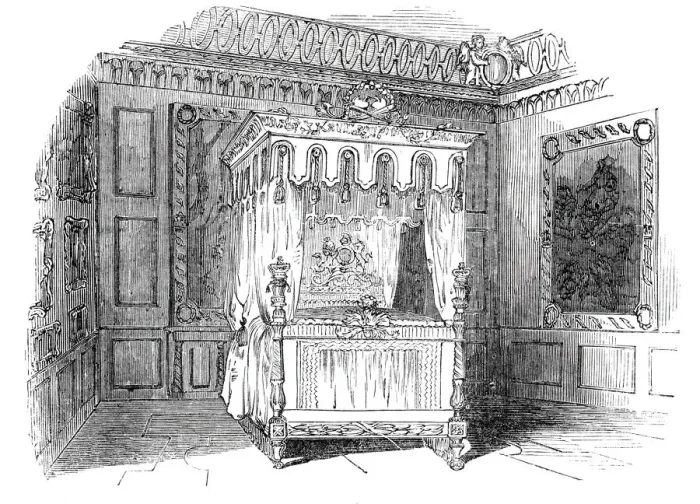 Framed Print : Her Majestys State Bed, Burghley, 1844. Creator: Unknown Framed Print : Her Majestys State Bed, Burghley, 1844. Creator: Unknown