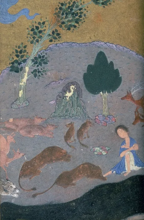 Framed Print : Majnun in the desert with the animals, c1410-c1411. Creator: Unknown Framed Print : Majnun in the desert with the animals, c1410-c1411. Creator: Unknown