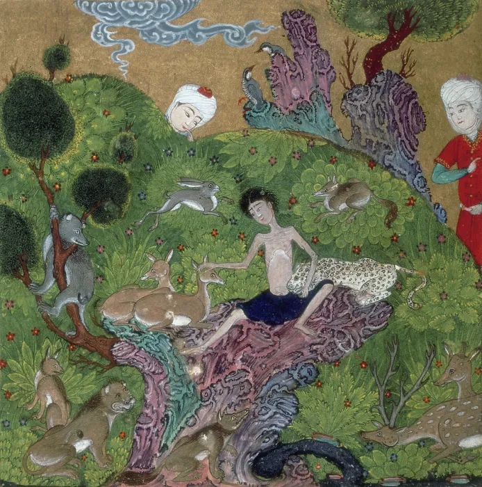 Framed Print : Majnun in the desert among the wild beasts, 1500. Creator: Unknown Framed Print : Majnun in the desert among the wild beasts, 1500. Creator: Unknown