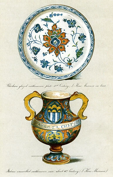 Majolica. Rhodian glazed plate and Italian earthenware vase, both from the 16th century