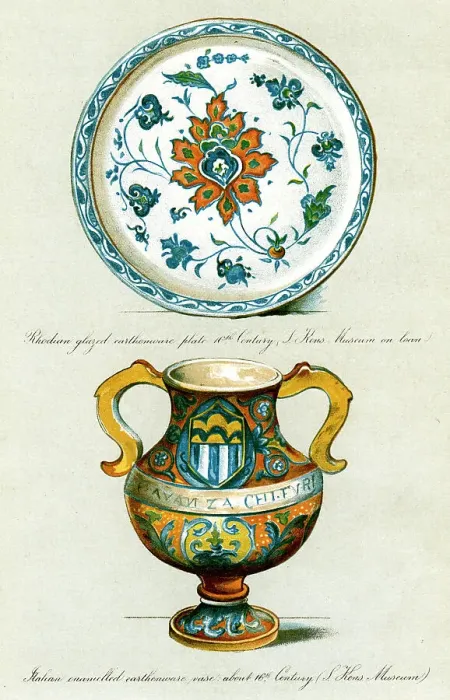 Framed Print : Majolica. Rhodian glazed plate and Italian earthenware vase, both from the 16th century Framed Print : Majolica. Rhodian glazed plate and Italian earthenware vase, both from the 16th century