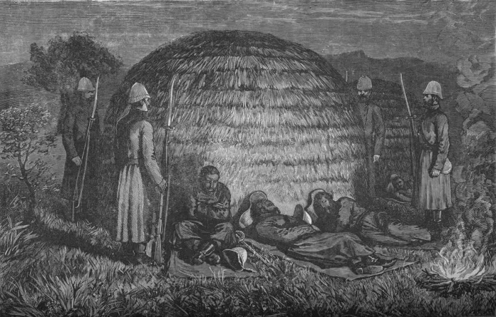 Framed Print : Major Marter and his men guarding Cetewayo in the native Kraal, c1880 Framed Print : Major Marter and his men guarding Cetewayo in the native Kraal, c1880