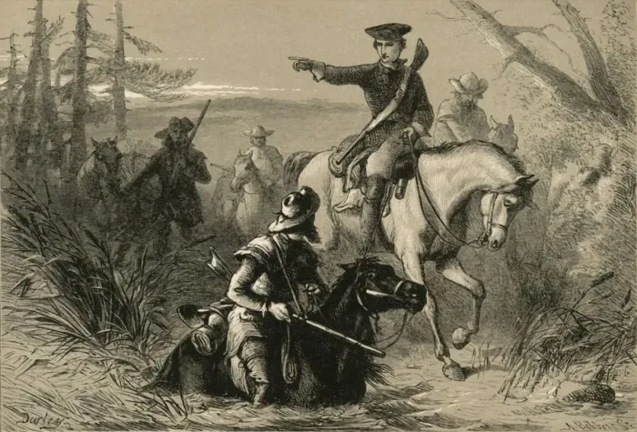 Framed Print : Major Washington on his Mission to the French Commander, (1877). Creator: Albert Bobbett Framed Print : Major Washington on his Mission to the French Commander, (1877). Creator: Albert Bobbett