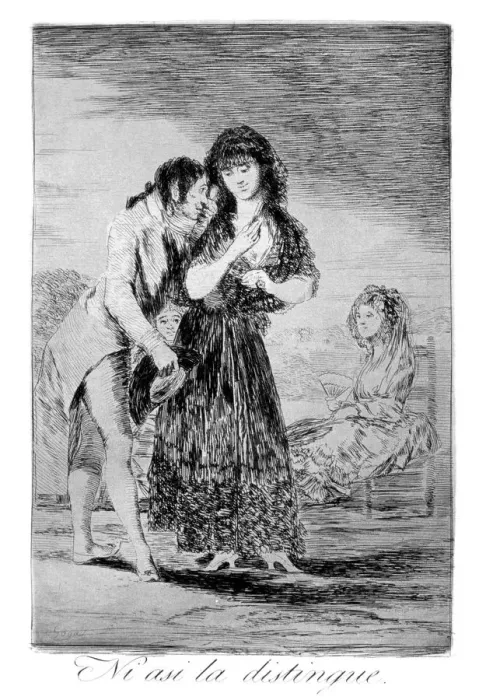 Framed Print : Even thus he cannot make her out, 1799. Artist: Francisco Goya Framed Print : Even thus he cannot make her out, 1799. Artist: Francisco Goya