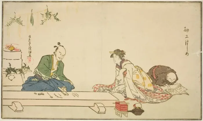 Framed Print : Maker of Sword Fittings at his Workbench, Japan, c. 1790s. Creator: Kubo Shunman Framed Print : Maker of Sword Fittings at his Workbench, Japan, c. 1790s. Creator: Kubo Shunman