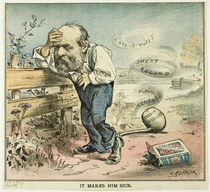 Framed Print : It Makes Him Sick, from Puck, published August 18, 1880. Creator: Joseph Keppler Framed Print : It Makes Him Sick, from Puck, published August 18, 1880. Creator: Joseph Keppler