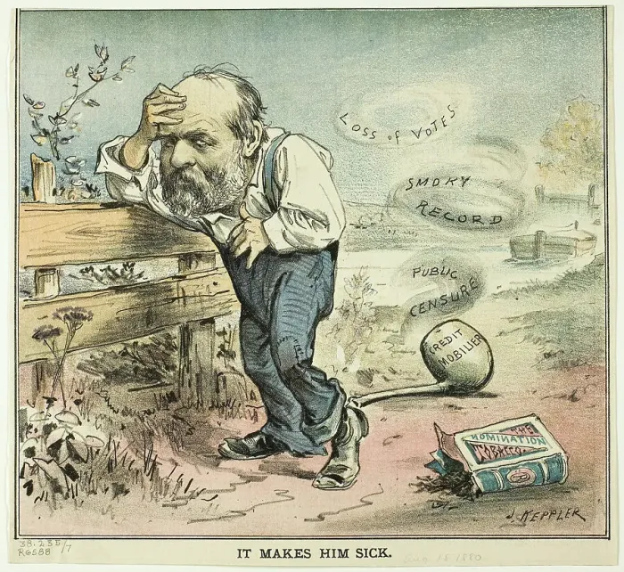 Framed Print : It Makes Him Sick, from Puck, published August 18, 1880. Creator: Joseph Keppler Framed Print : It Makes Him Sick, from Puck, published August 18, 1880. Creator: Joseph Keppler