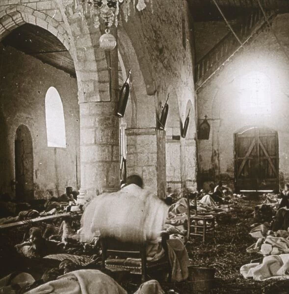 Makeshift hospital in a church, Marne, northern France, 1914
