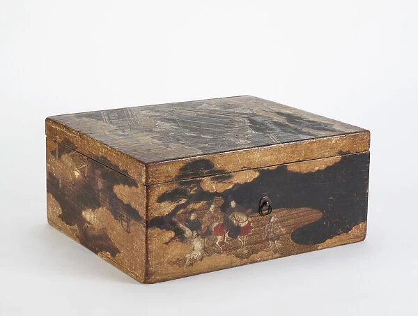 A makimono box decorated with scenes from the Genji romance, Momoyama period