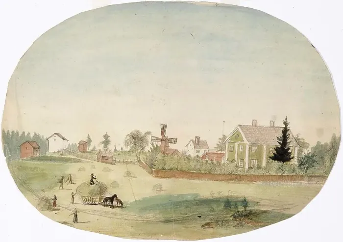 Framed Print : Making hay in front of the farmhouse, 1850-1855. Creator: Karl Anders Ekman Framed Print : Making hay in front of the farmhouse, 1850-1855. Creator: Karl Anders Ekman