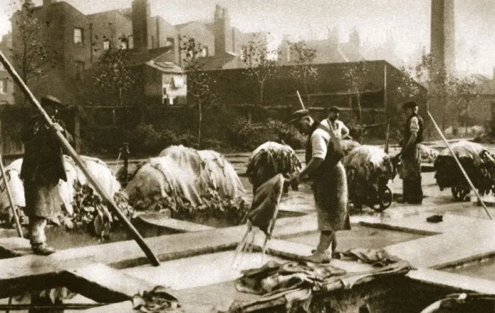 Framed Print : Making leather in the lime yard at Neckinger Mills, London, 20th century Framed Print : Making leather in the lime yard at Neckinger Mills, London, 20th century