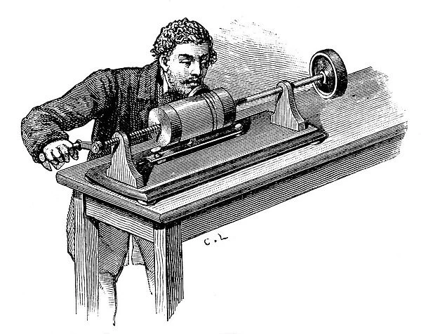 Making recording on first model of Thomas Edisons Phonograph, c1878