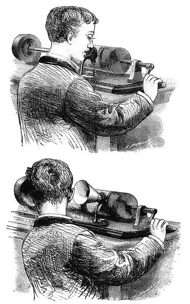 Making a recording with, and listening to, first Edison Phonograph, 1878