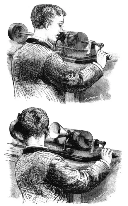 Framed Print : Making a recording with, and listening to, first Edison Phonograph, 1878 Framed Print : Making a recording with, and listening to, first Edison Phonograph, 1878
