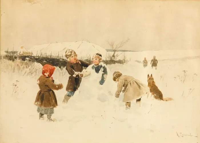 Framed Print : Making a Snowman, 1891. Creator: Stepanov, Alexei Stepanovich (1858-1923) Framed Print : Making a Snowman, 1891. Creator: Stepanov, Alexei Stepanovich (1858-1923)