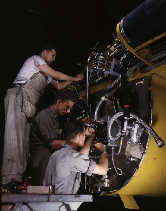 Framed Print : Making wiring assemblies at a junction box... North American Aviation, Inc. Inglewood, CA, 1942. Creator: Alfred T Palmer Framed Print : Making wiring assemblies at a junction box... North American Aviation, Inc. Inglewood, CA, 1942. Creator: Alfred T Palmer