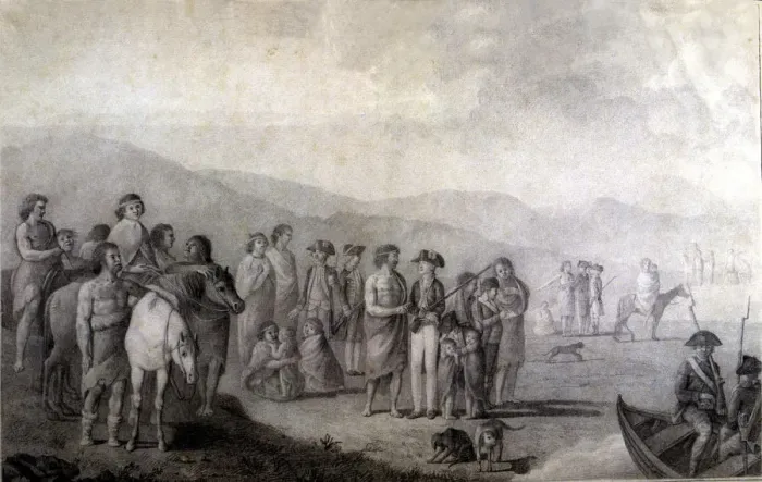 Framed Print : Malaspina Expedition, meeting with the Patagonians in Puerto Deseado, pencil drawing Framed Print : Malaspina Expedition, meeting with the Patagonians in Puerto Deseado, pencil drawing