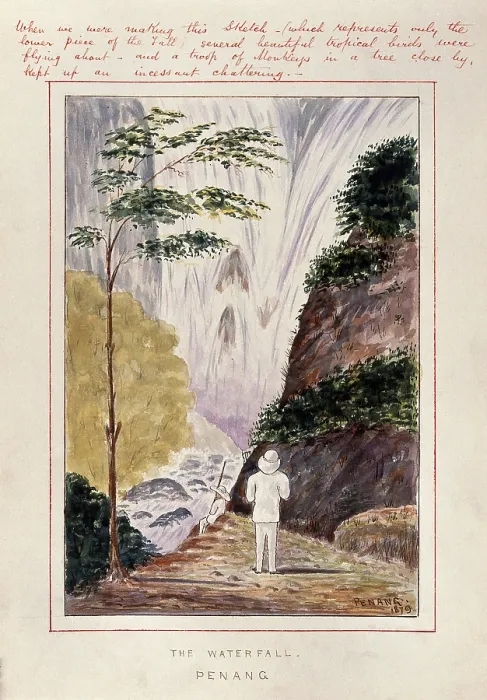 Framed Print : Malaya: a man at the foot of a huge waterfall on Penang Island, 1879. Creator: John Edmund Taylor Framed Print : Malaya: a man at the foot of a huge waterfall on Penang Island, 1879. Creator: John Edmund Taylor
