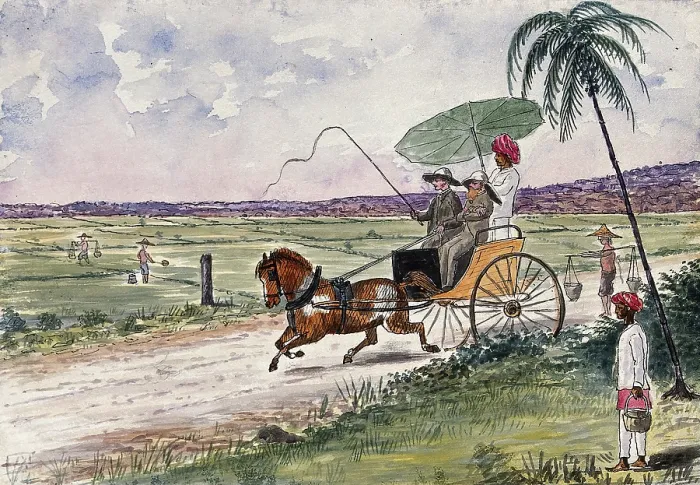 Framed Print : Malaya: a pony and trap being driven down a country road, 1879. Creator: John Edmund Taylor Framed Print : Malaya: a pony and trap being driven down a country road, 1879. Creator: John Edmund Taylor