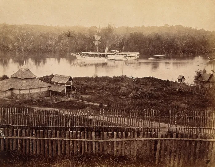 Framed Print : Malaya: steam yacht of the governor of the Straits Settlement on a Malaysian river, 1880. Creator: John Edmund Taylor Framed Print : Malaya: steam yacht of the governor of the Straits Settlement on a Malaysian river, 1880. Creator: John Edmund Taylor