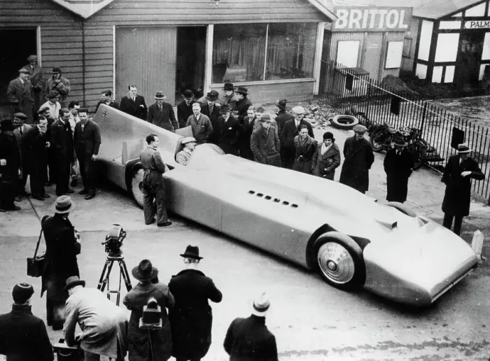 Framed Print : Malcolm Campbell being photographed in Bluebird, 1935. Creator: Unknown Framed Print : Malcolm Campbell being photographed in Bluebird, 1935. Creator: Unknown