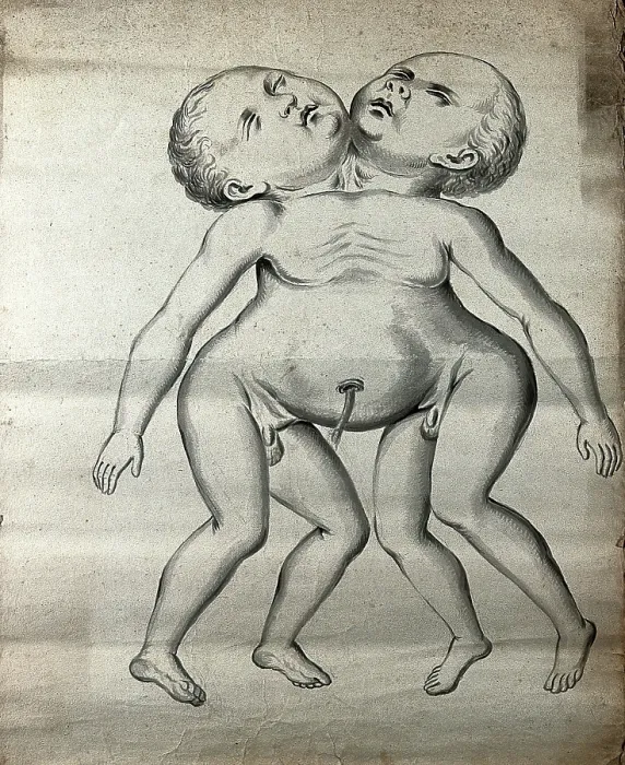 Framed Print : Male conjoined twins joined at the neck and chest; anterior view, 1900. Creator: Unknown Framed Print : Male conjoined twins joined at the neck and chest; anterior view, 1900. Creator: Unknown